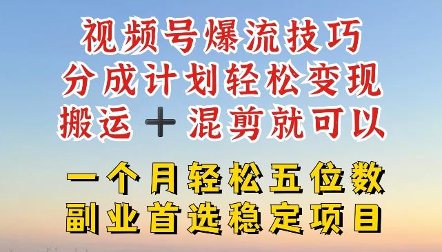 视频号爆流技巧，分成计划轻松变现，搬运 +混剪就可以，一个月轻松五位数稳定项目【揭秘】-悟空聊项目