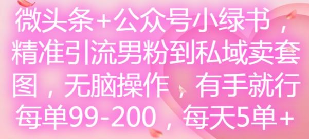 微头条+公众号小绿书，精准引流男粉到私域卖套图，无脑操作，有手就行，每单99-200，每天5单-悟空聊项目