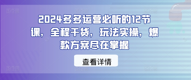 2024多多运营必听的12节课，全程干货，玩法实操，爆款方案尽在掌握-悟空聊项目