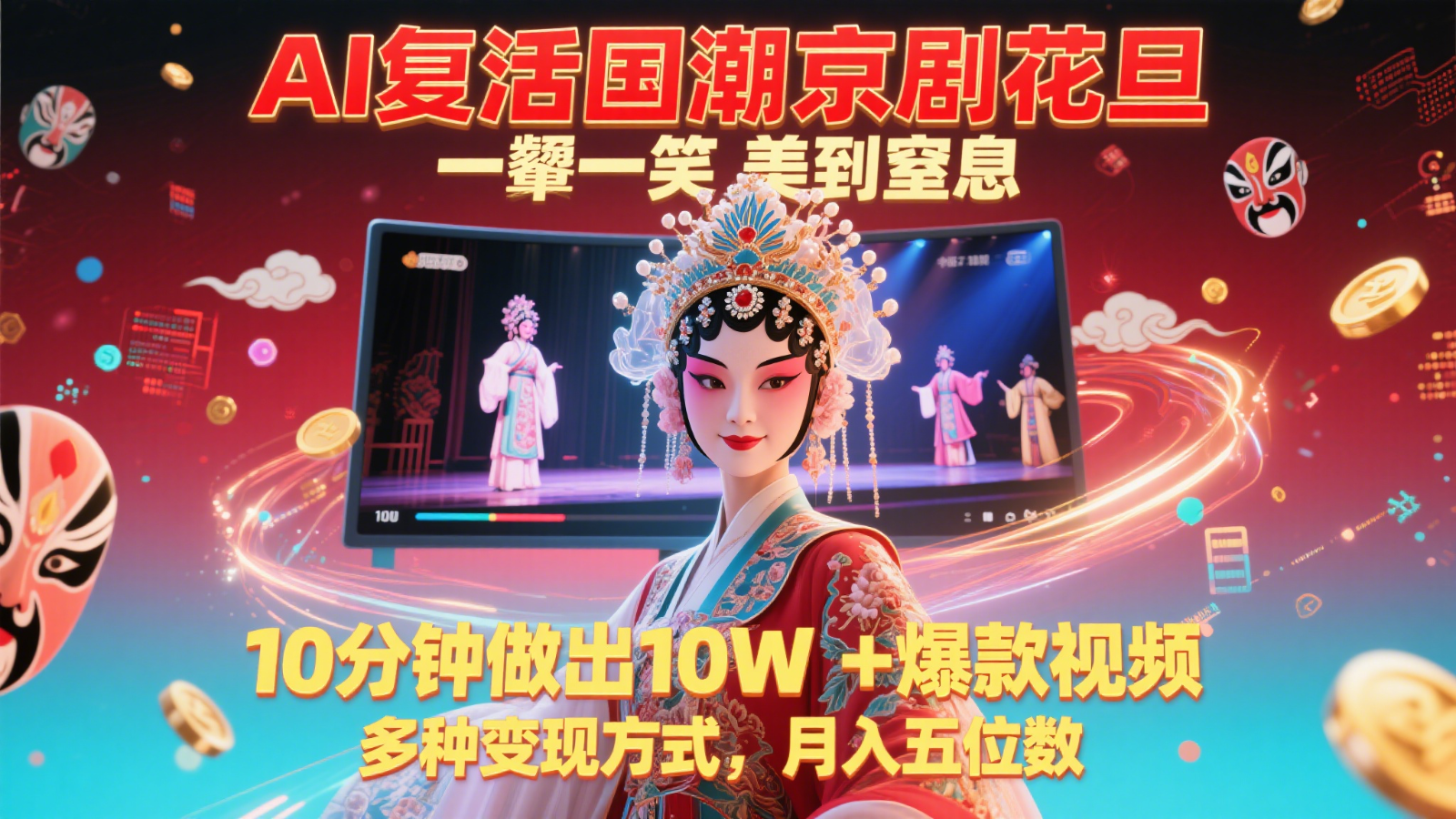 AI复活国潮京剧花旦，一颦一笑美到窒息，10分钟做出10W+爆款视频，多种变现方式-悟空聊项目