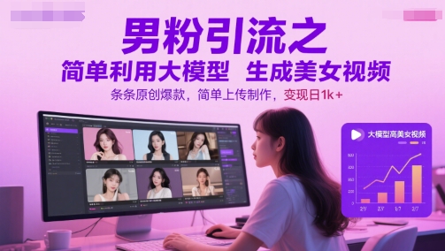 男粉引流之简单利用大模型生成美女视频，条条原创爆款，简单上传制作，变现日1k+-悟空聊项目