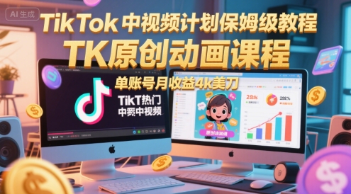 TikTok中视频计划保姆级教程，TK原创动画课程，单账号月收益4k美刀-悟空聊项目