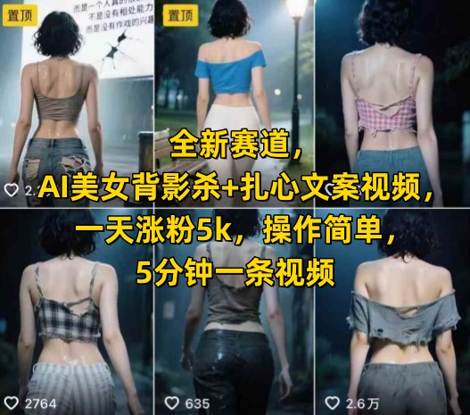 全新赛道，AI美女背影杀+扎心文案视频，一天涨粉5k，操作简单，5分钟一条视频-悟空聊项目