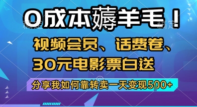 0成本薅羊毛!视频会员、话费卷、30元电影票白送，分享我如何靠转卖一天变现5张+【揭秘】-悟空聊项目