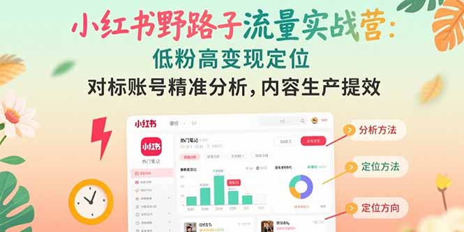 小红书野路子流量实战营：低粉高变现定位 对标账号精准分析 内容生产提效-悟空聊项目