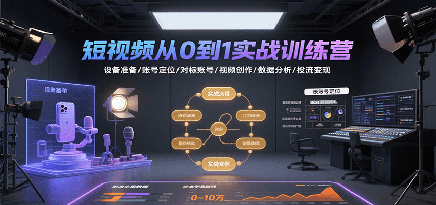 短视频从0到1实战训练营：设备准备/账号定位/对标账号/视频创作/数据分析/投流变现-悟空聊项目