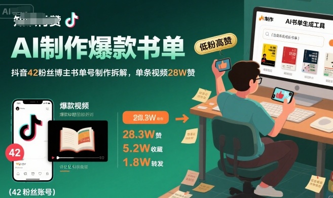 AI制作爆款书单，抖音42粉丝博主书单号制作拆解，单条视频28W赞-悟空聊项目