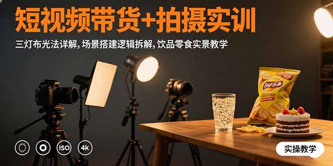 短视频带货+拍摄实训：三灯布光法详解,场景搭建逻辑拆解,饮品零食实景教学-悟空聊项目