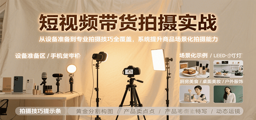 短视频带货拍摄实战，从设备准备到专业拍摄技巧全覆盖，系统提升商品场景化拍摄能力-悟空聊项目