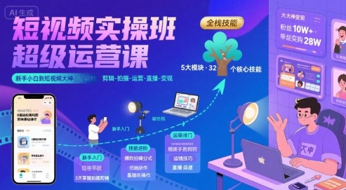 短视频实操班超级运营课，新手小白到短视频大神必修课程，剪辑-拍摄-运营-直播-变现-悟空聊项目