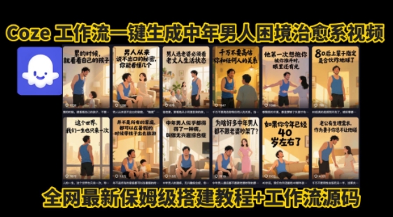 coze工作流一键生成”中年男人困境扎心高涨粉高播放量图文视频”保姆级拆解教程，无需剪辑，无需拍摄写文案-悟空聊项目