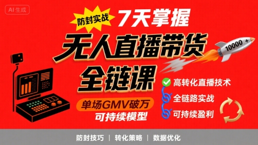 无人直播带货全链防封实战课，7天掌握高转化直播技术，实现单场GMV破万可持续模型-悟空聊项目