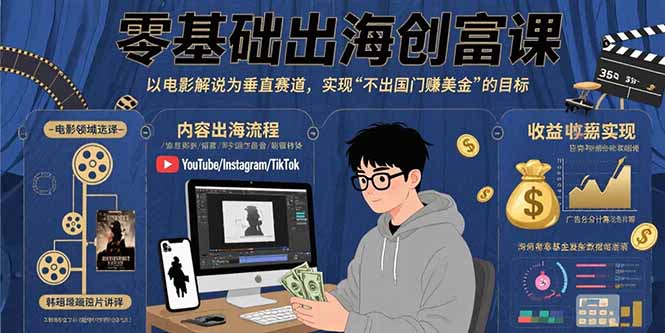零基础出海创富课：以电影解说为垂直赛道，实现不出国门赚美金的目标-悟空聊项目