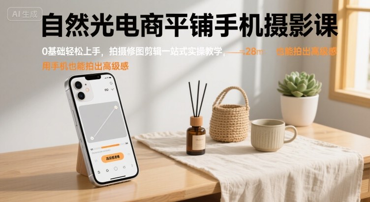 自然光电商平铺手机摄影课，0基础轻松上手，拍摄修图剪辑一站式实操教学，用手机也能拍出高级感-悟空聊项目