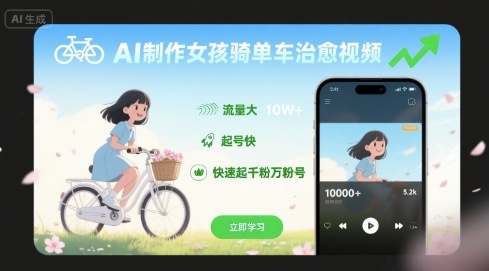 AI制作女孩骑单车治愈视频，流量大，起号快，快速起千粉万粉号-悟空聊项目