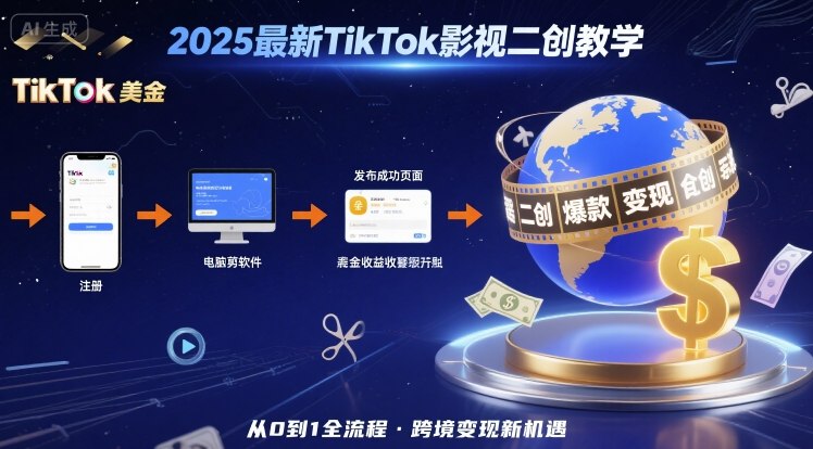 2025年最新TikTok影视二创教学，从注册到发布撸美金全流程，跨境变现新机遇-悟空聊项目