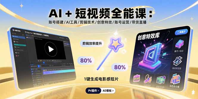 AI+短视频全能课：账号搭建/AI工具/剪辑技术/创意特效/账号运营/带货直播-悟空聊项目